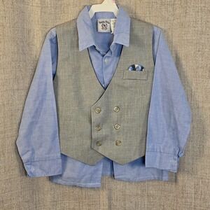 Happy Fella Boys Blue Button Down Shirt and Grey Double Breasted Vest Set Size 6